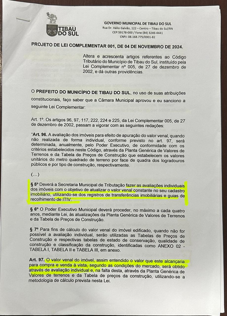 projeto de Lei em tramitação na Camara de Tibau do Sul
