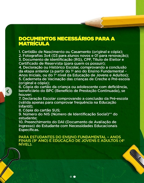 documentação necesária matriculas rede municipal em Goianinha